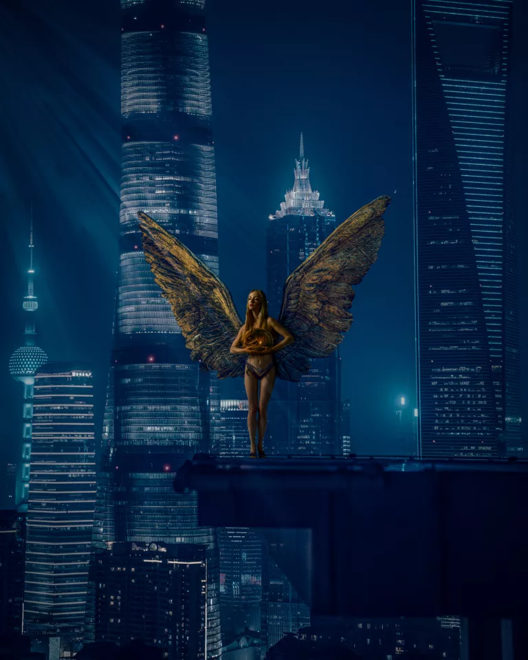 Goddess over Gotham with Dragon