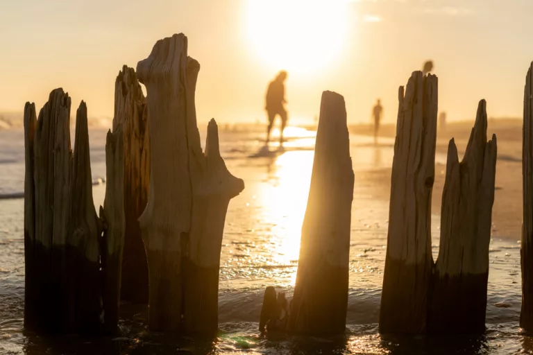The golden hour at the beach captured through a weathered wooden barrier partially buried in the sand. Sunlight filters through, casting a radiant backdrop for silhouetted figures strolling along the shoreline. The ocean's gentle tide reflects the sun's gleam, accentuating the peaceful end of day ambiance.